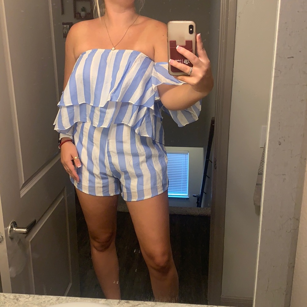 Flowy Blue and White Striped Two Piece off the Shoulder Set